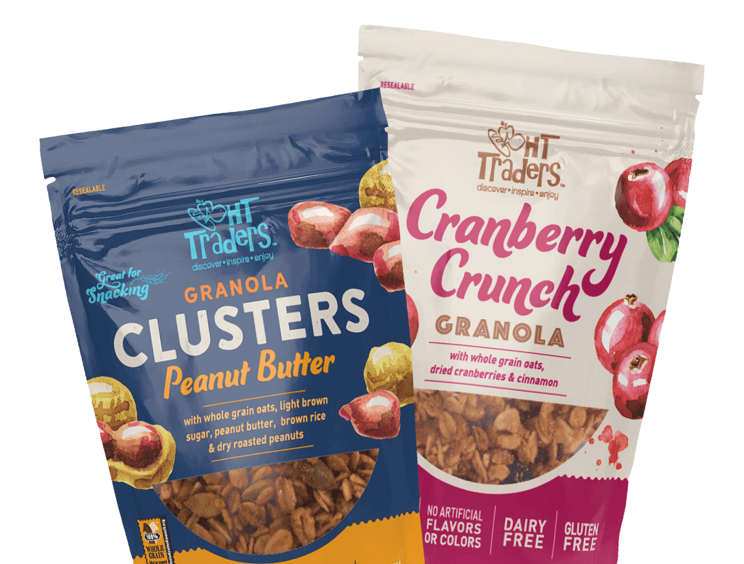 Two packages of HT Traders granola products