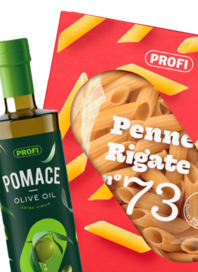 Profi olive oil bottle and a box of Profi penne rigate pasta