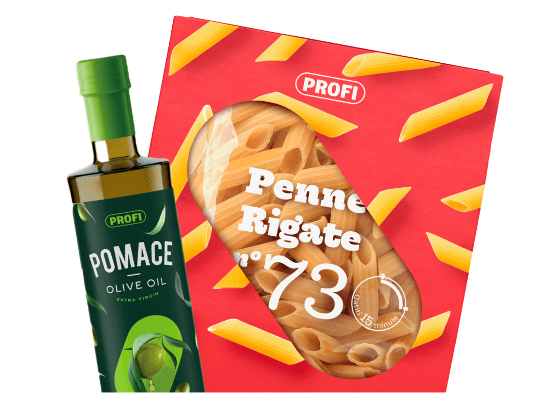 Profi olive oil bottle and a box of Profi penne rigate pasta