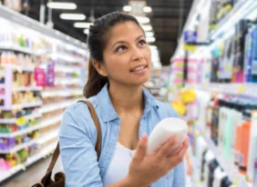 Woman holding a product in a store aisle looking up at products on shelves